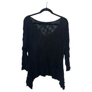 Babette Women's Top M Striped Black Gray Handkerchief Hem V-Neck Crinkle Cotton